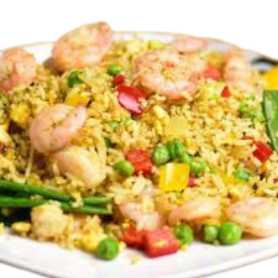 Gebratener Reis mit Shrimps, Bambus, Paprika